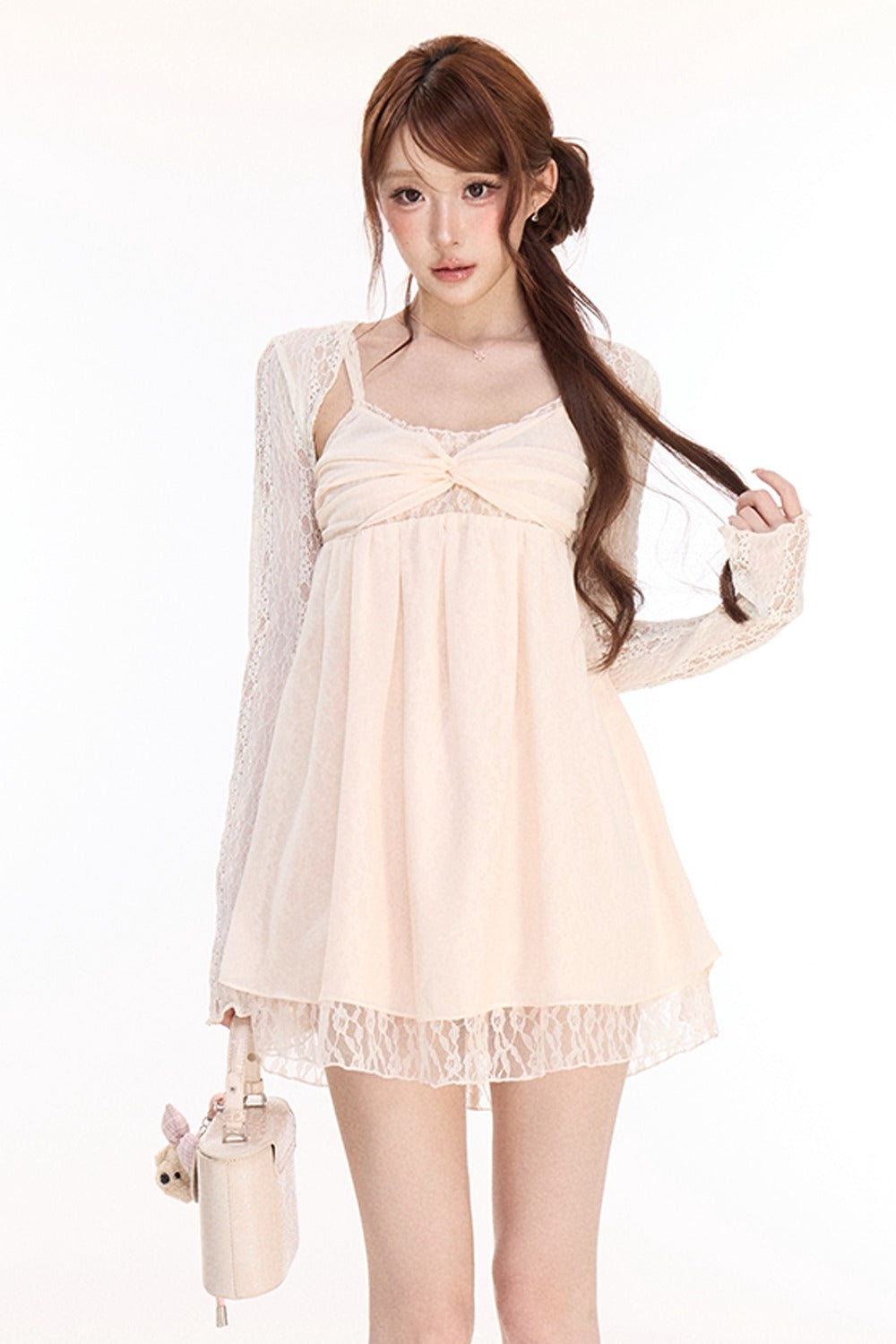 Spaghetti Strap Cross Knot Spliced Lace Dress and Cardigan Set-Up