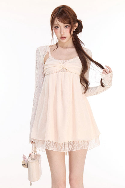 Spaghetti Strap Cross Knot Spliced Lace Dress and Cardigan Set-Up