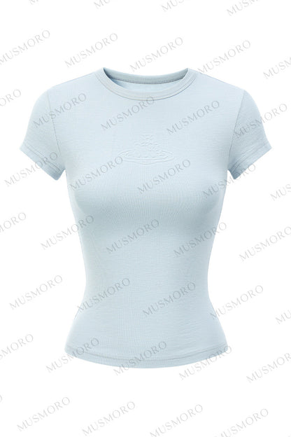Embossed Cat Irregular Hem Bamboo Cotton T-Shirt