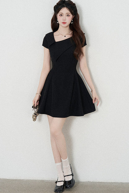 Irregular Collar Black A-Line Dress