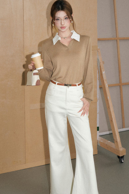 Light Camel Lapel Knit Top and White Pants Set-Up