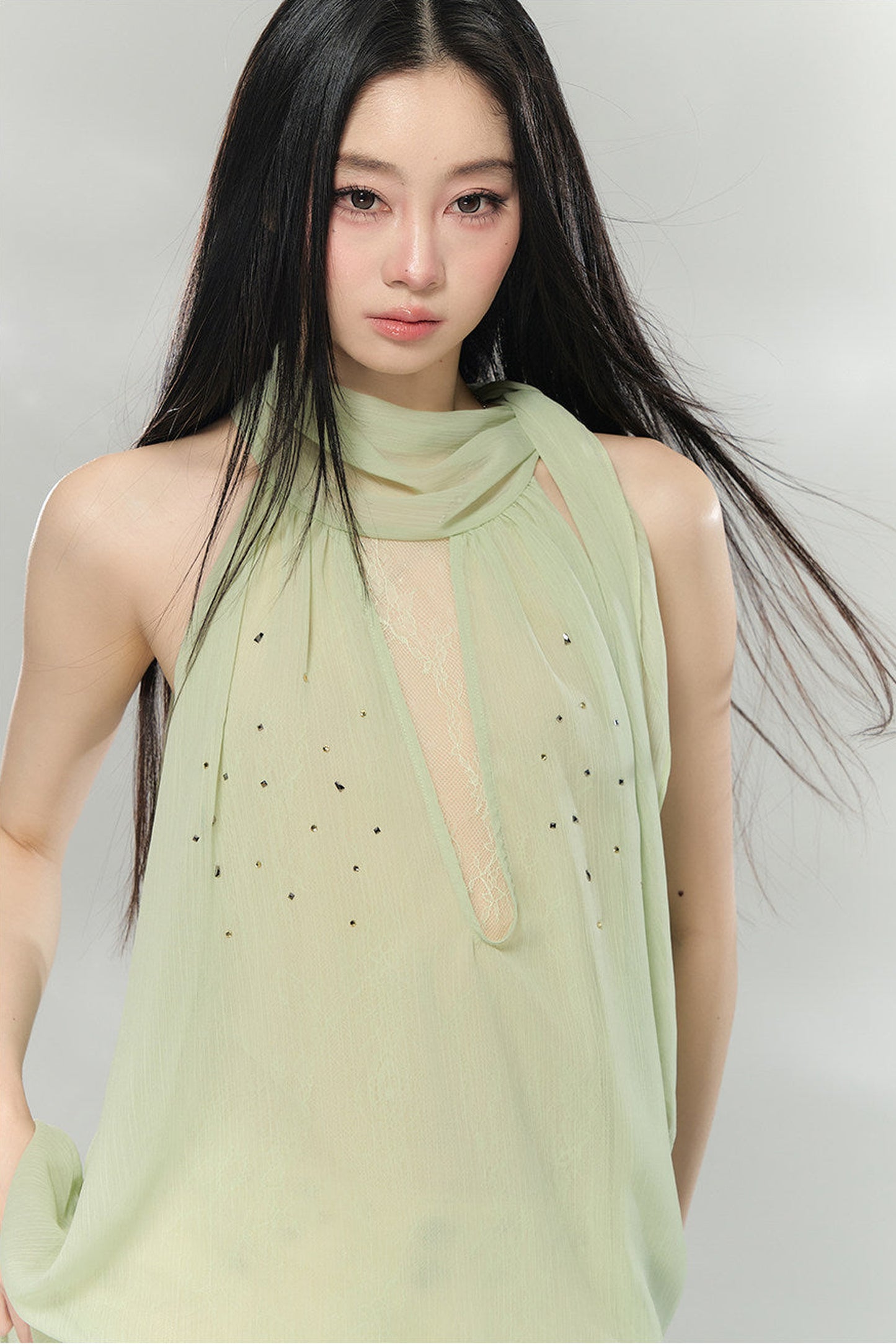 Rhinestone Chiffon Lace Blouse