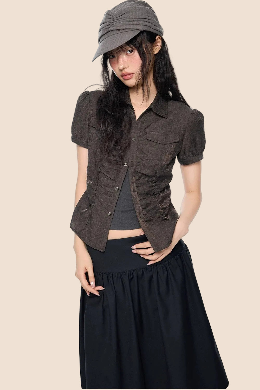 Pleated Waist-Cinching Shirt