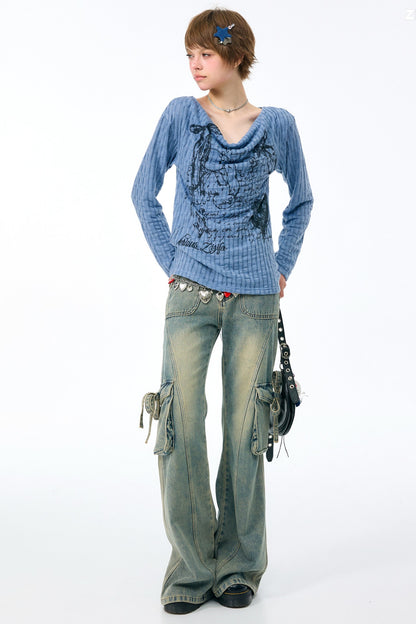 Blusa in maglia con graffiti di conigli