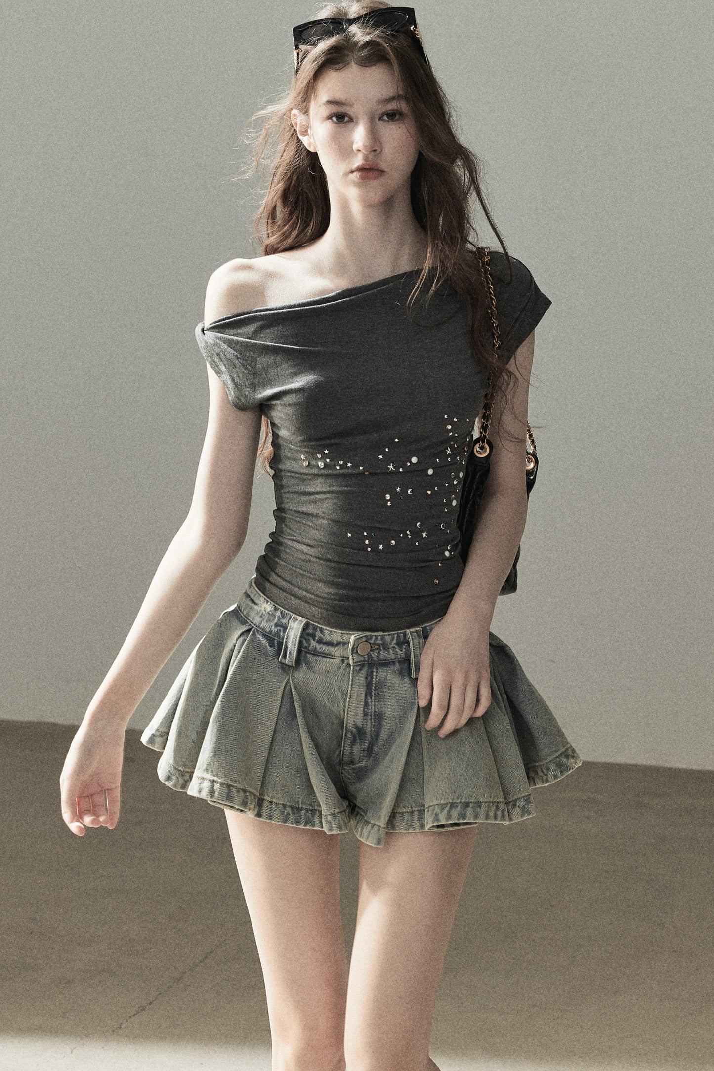 A-Line Pleated Denim Skirt