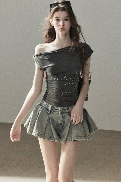 A-Line Pleated Denim Skirt