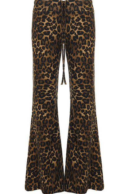 Leopard Print Drawstring Foldable Waist Flared Pants