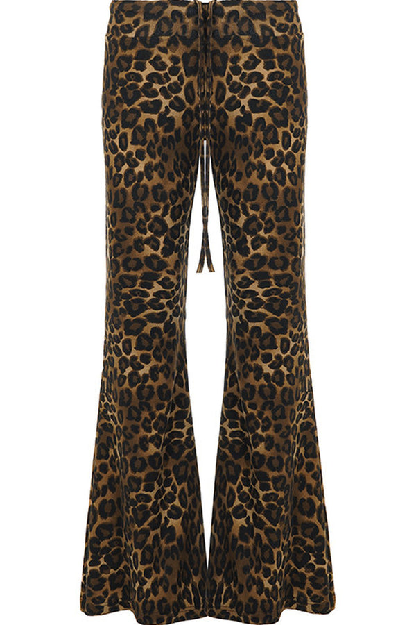 Leopard Print Drawstring Foldable Waist Flared Pants