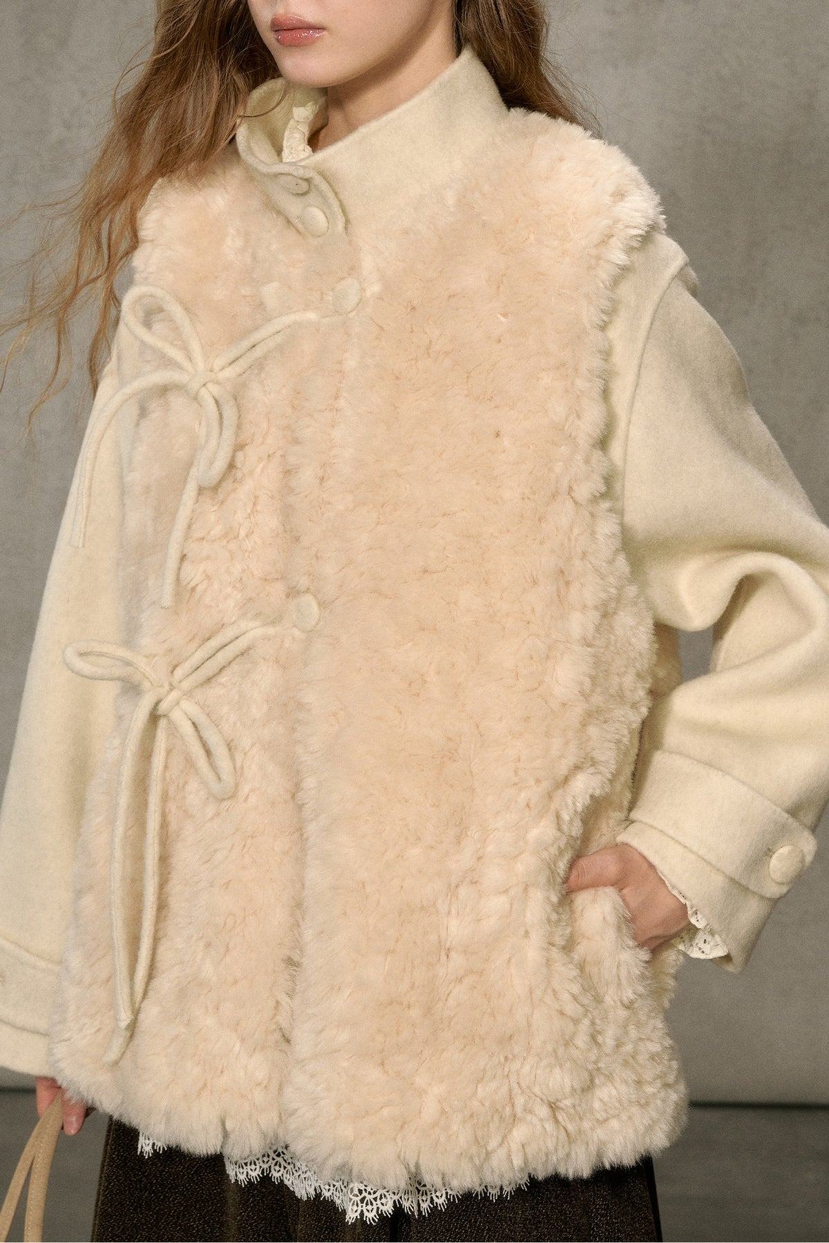Fluffy Layered-Look Mid-Length Woolen Jacket