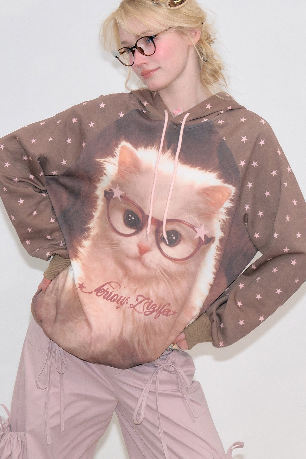 Brown Cat Star Polka Dot Hoodie