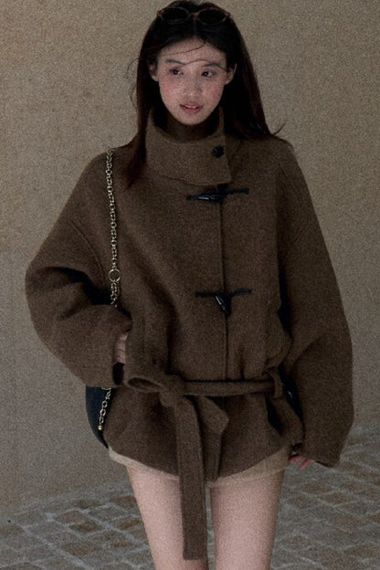 Horn Button Wool Blend Tie Coat