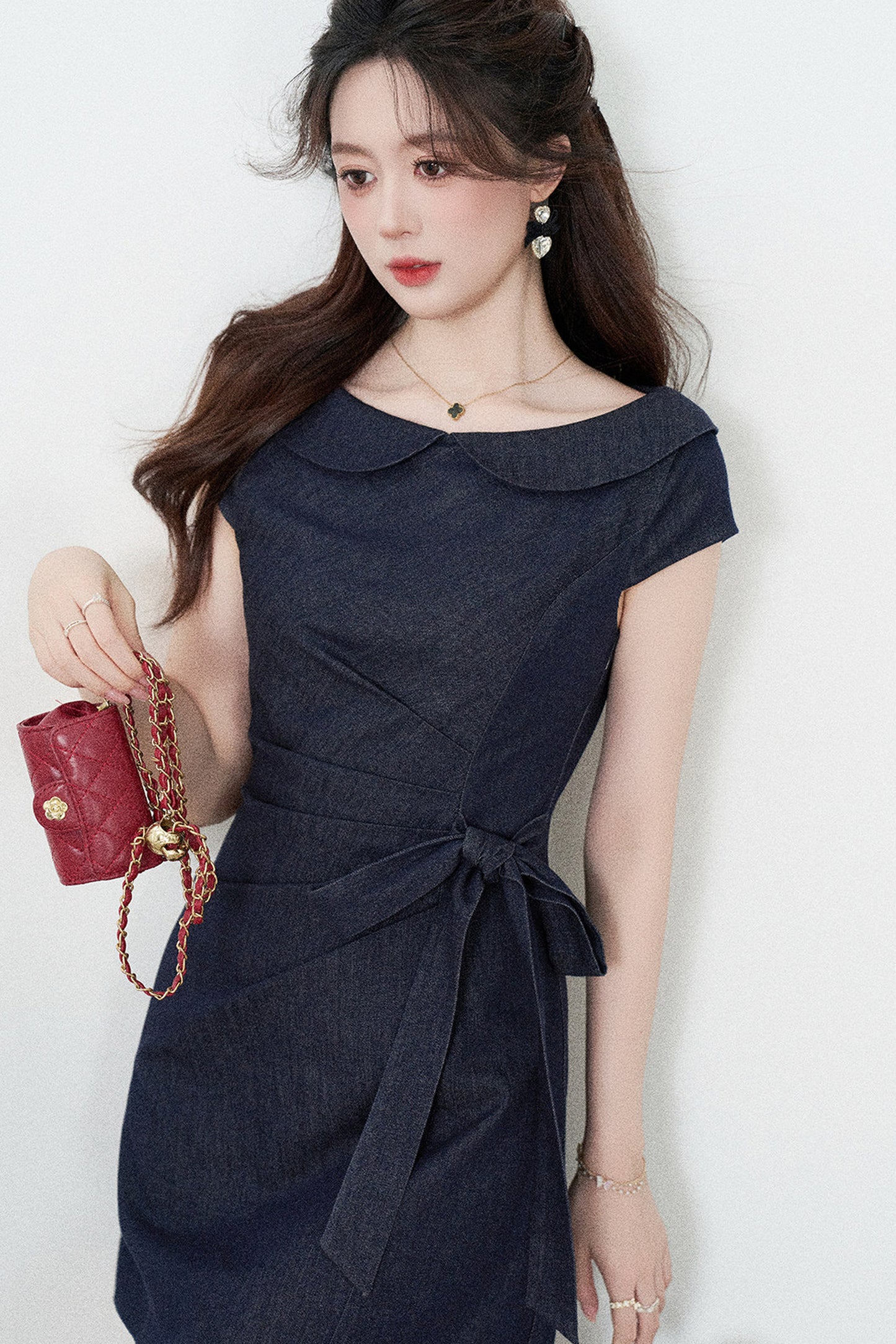 Blue Denim Doll Collar Pleated A-Line Dress