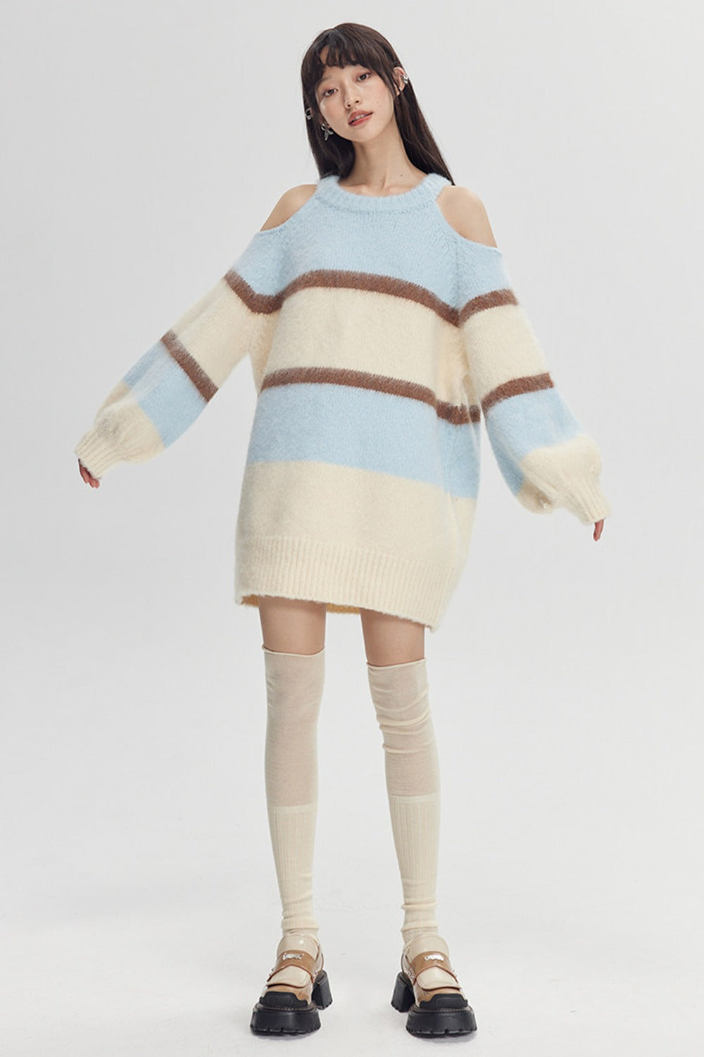 Off-Shoulder Striped Knit Sweater