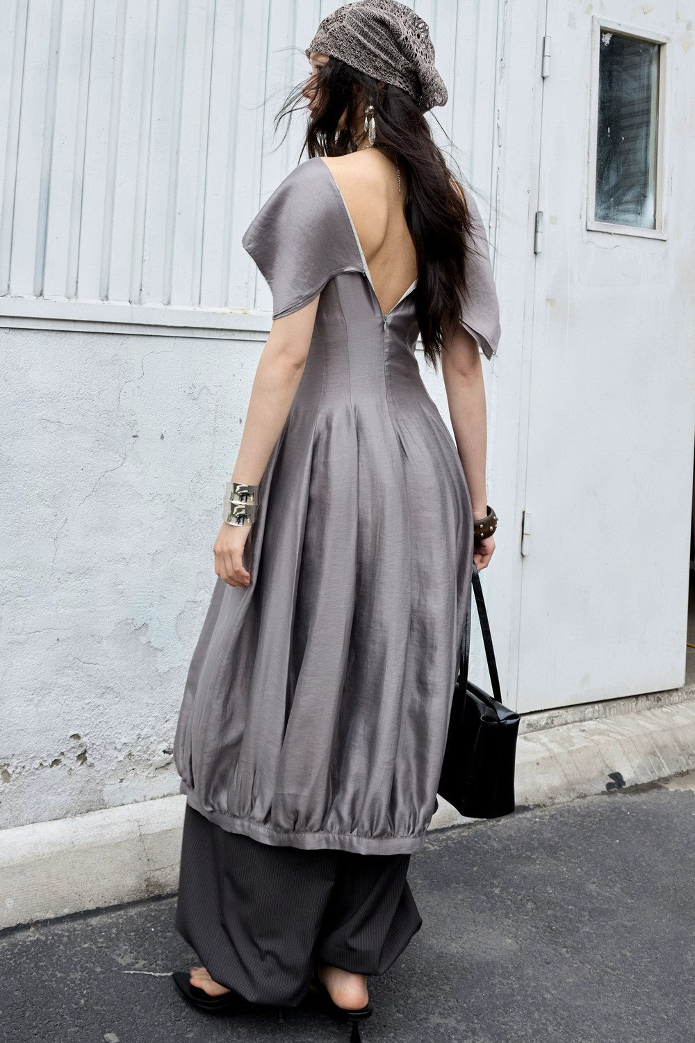 Glossy Gray Bubble Collar Dress