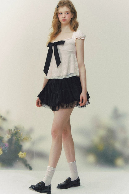 Square Neck Bow Lace Top