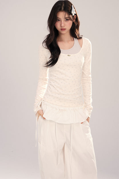Large U-Neck Floral Long-Sleeve Base T-Shirt Set-Up