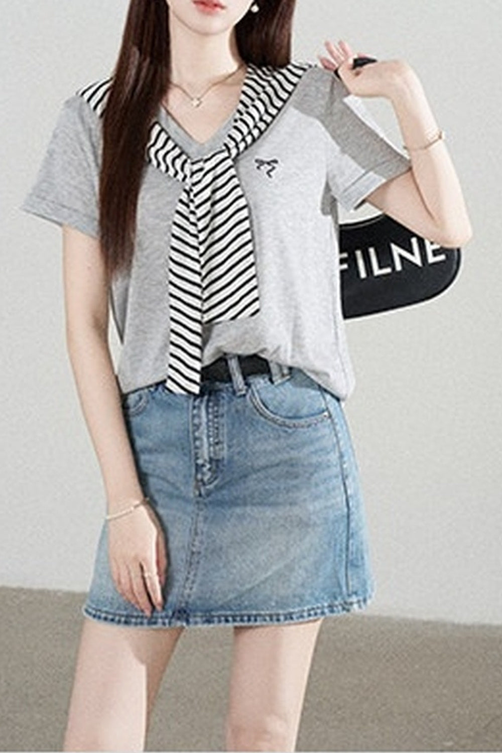 Loose Short-Sleeved Striped Shawl T-Shirt and Denim Skirt Set-Up