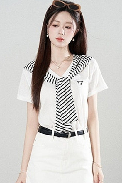 Loose Short-Sleeved Striped Shawl T-Shirt and Denim Skirt Set-Up
