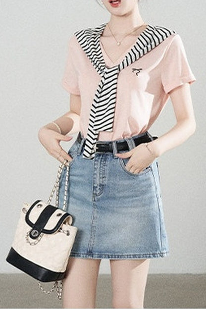 Loose Short-Sleeved Striped Shawl T-Shirt and Denim Skirt Set-Up