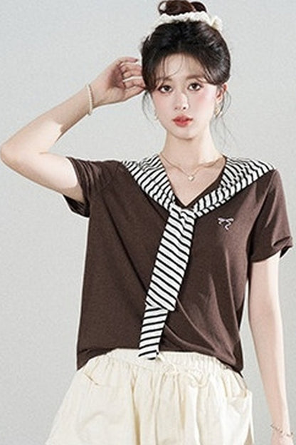 Loose Short-Sleeved Striped Shawl T-Shirt and Denim Skirt Set-Up