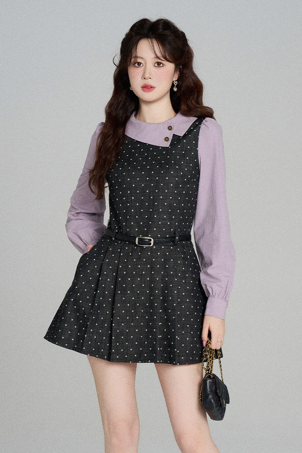 Black Purple Polka Dot Long Sleeve Dress