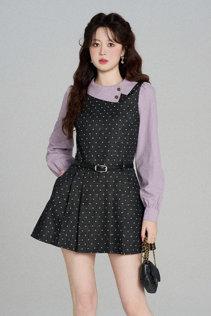Black Purple Polka Dot Long Sleeve Dress