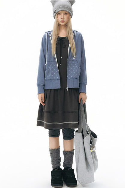 Distressed Floral Print Hooded Open Front Jacket