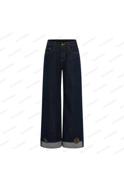 Embroidered Cat Raw Denim Jeans
