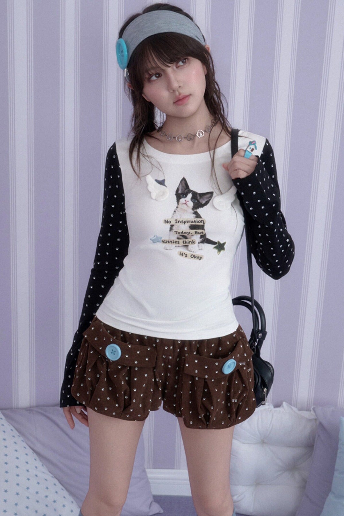 Cat Print Waist-Cinching T-Shirt
