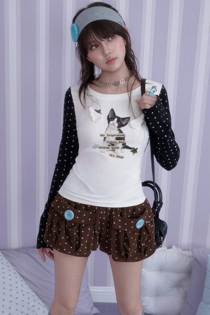 Cat Print Waist-Cinching T-Shirt