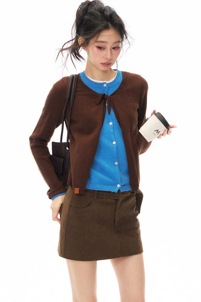 Braunes Lagenlook-Strickoberteil und Rock-Set