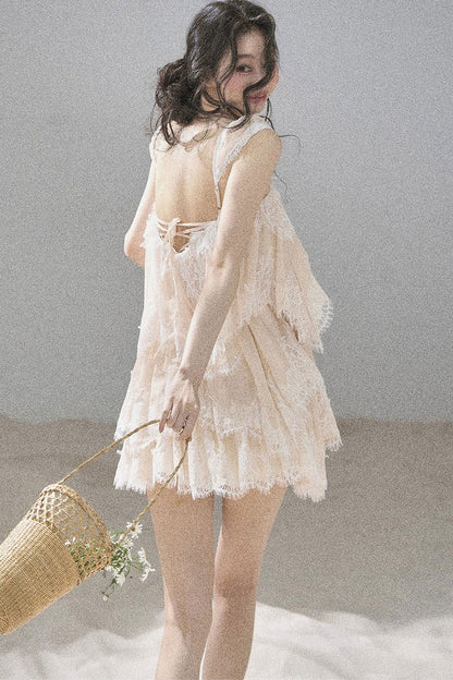 Asymmetric French Lace Mesh Top Set
