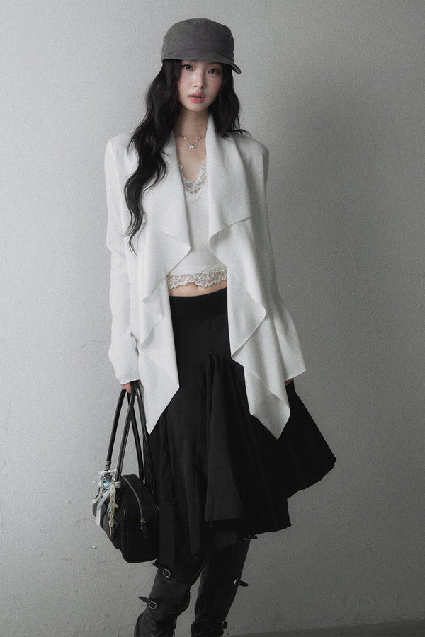 Irregular Ruffled Lapel Long-Sleeved Knit Cardigan