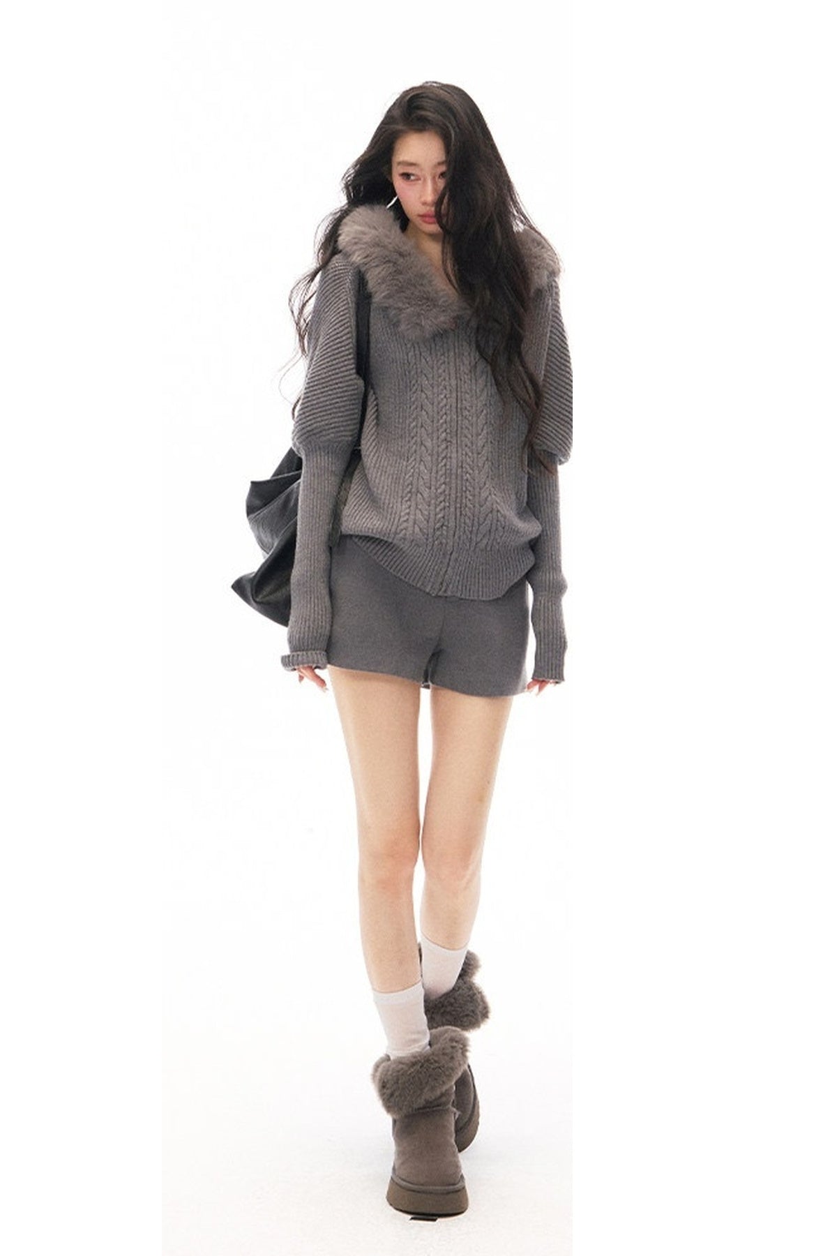 Ensemble cardigan en maille à col en fourrure et jupe