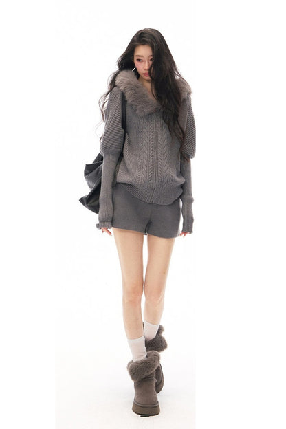 Ensemble cardigan en maille à col en fourrure et jupe
