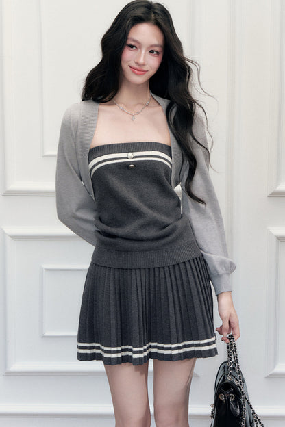 Striped Knitted Vest Short Skirt and Jacket Set-Up