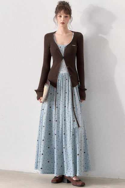 Slim Fit Polka Dot Dress and Knit Cardigan