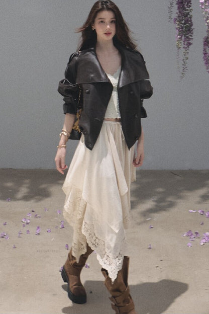 Irregular Hem Cotton Linen Lace Skirt