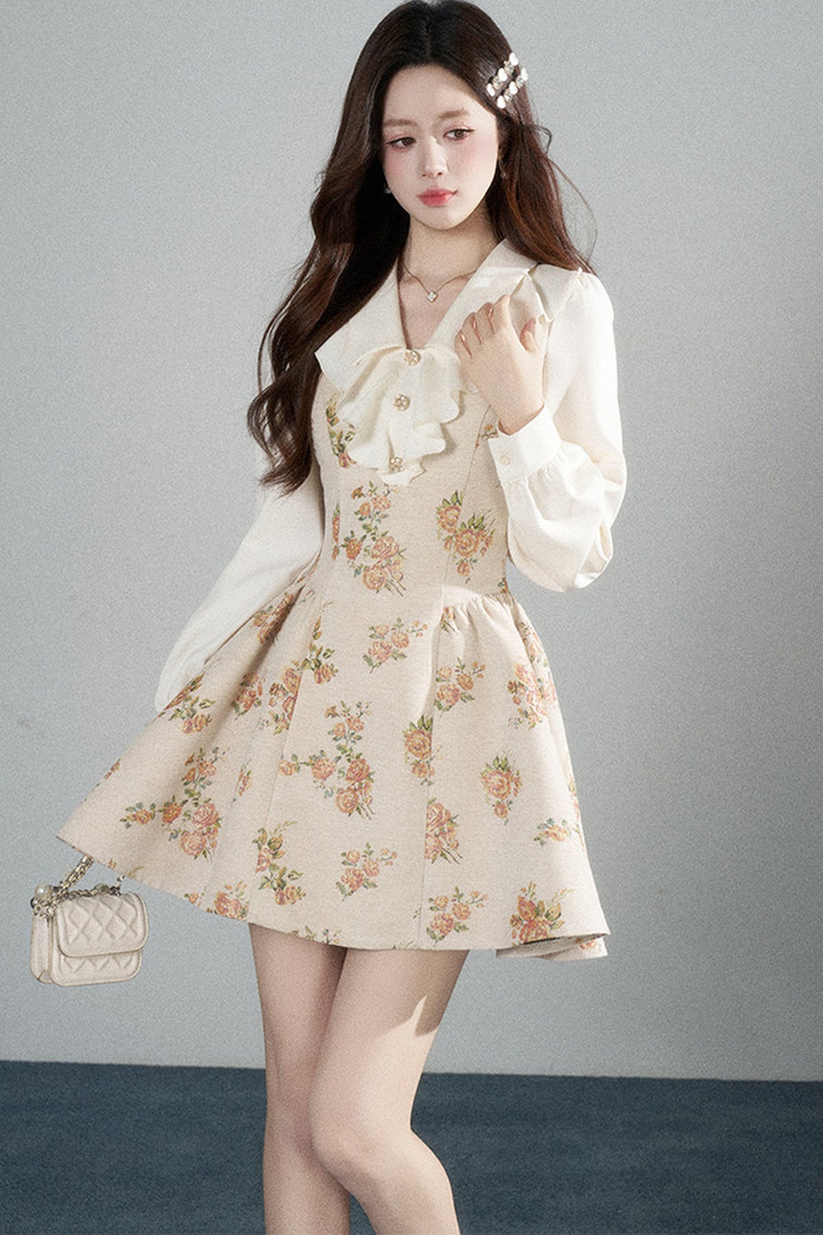 Floral Lantern Sleeve Ruffle Collar Dress