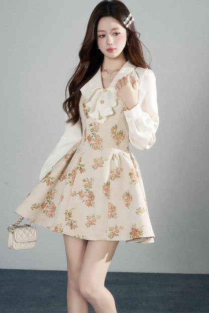 Floral Lantern Sleeve Ruffle Collar Dress