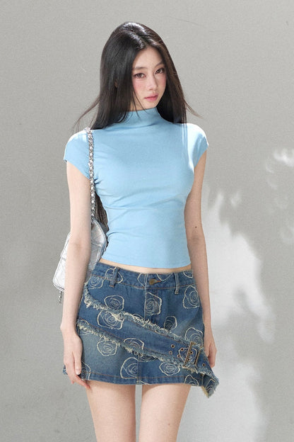 Angled Sleeve Half-Turtleneck Back Cutout Tie Top
