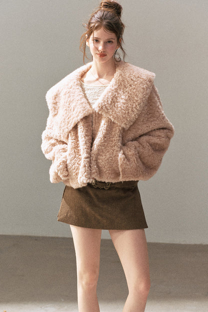 Large Lapel Textured Faux Fur Teddy Jacket