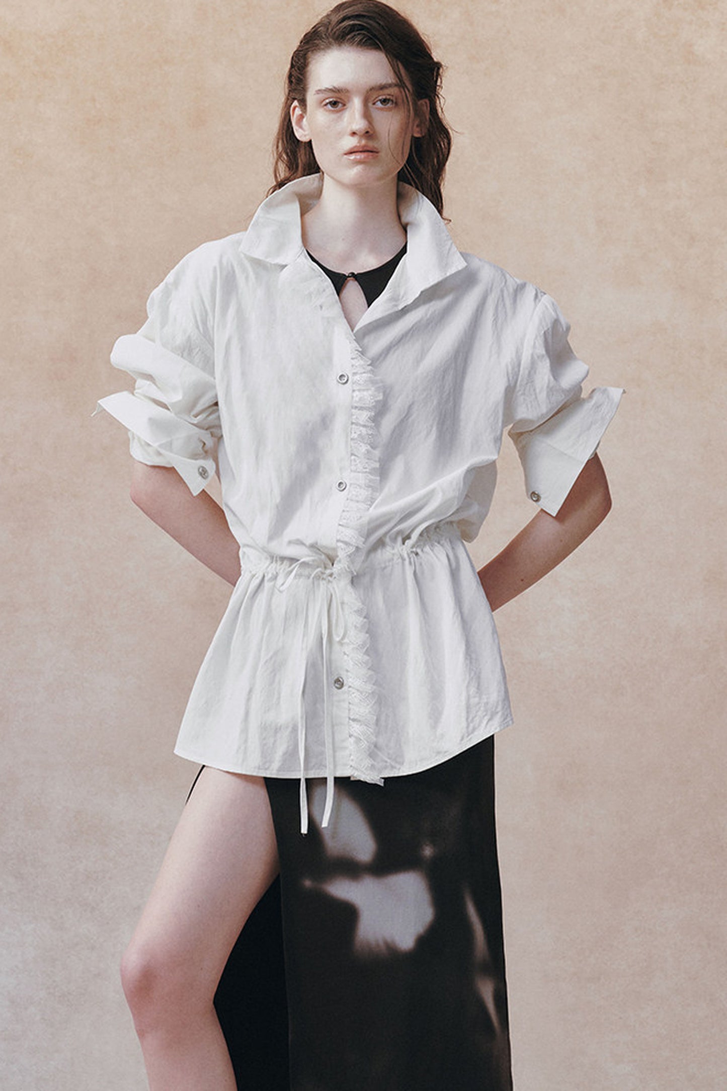 Oversized Crinkled Lace Drawstring Shirt