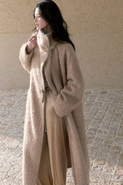 Brushed Cashmere Silk Funnel Collar Coat