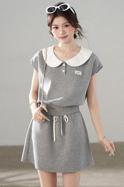 Gray Doll Collar Short-Sleeve Top and Skirt Set-Up