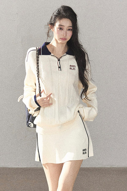 College Style Knitted Top and Short Skirt Two-Piece Set-Up