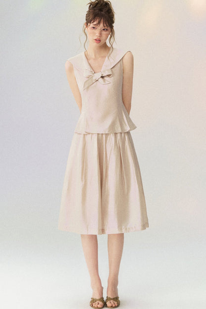 Sleeveless Sailor Collar Shirt and Pleated Pants Set-Up
