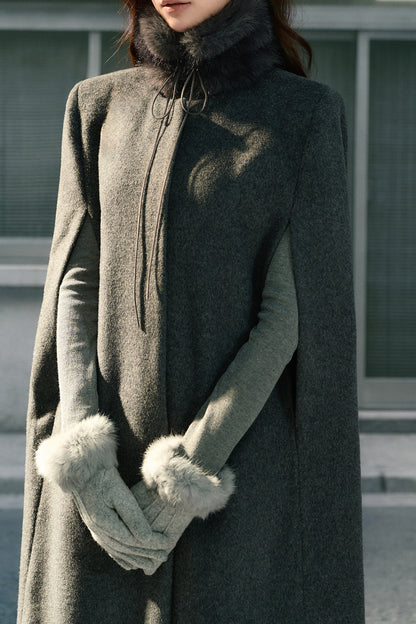 Sleeveless Fur Collar Woolen Cape