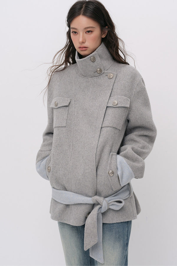Belted Stand Collar Wool Coat
