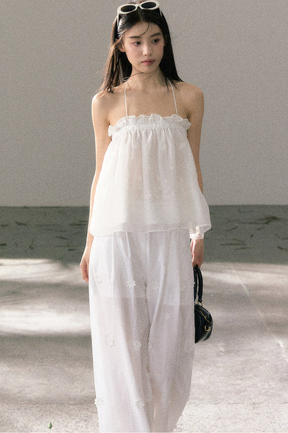 White Chiffon Lace Halter Top Set-Up